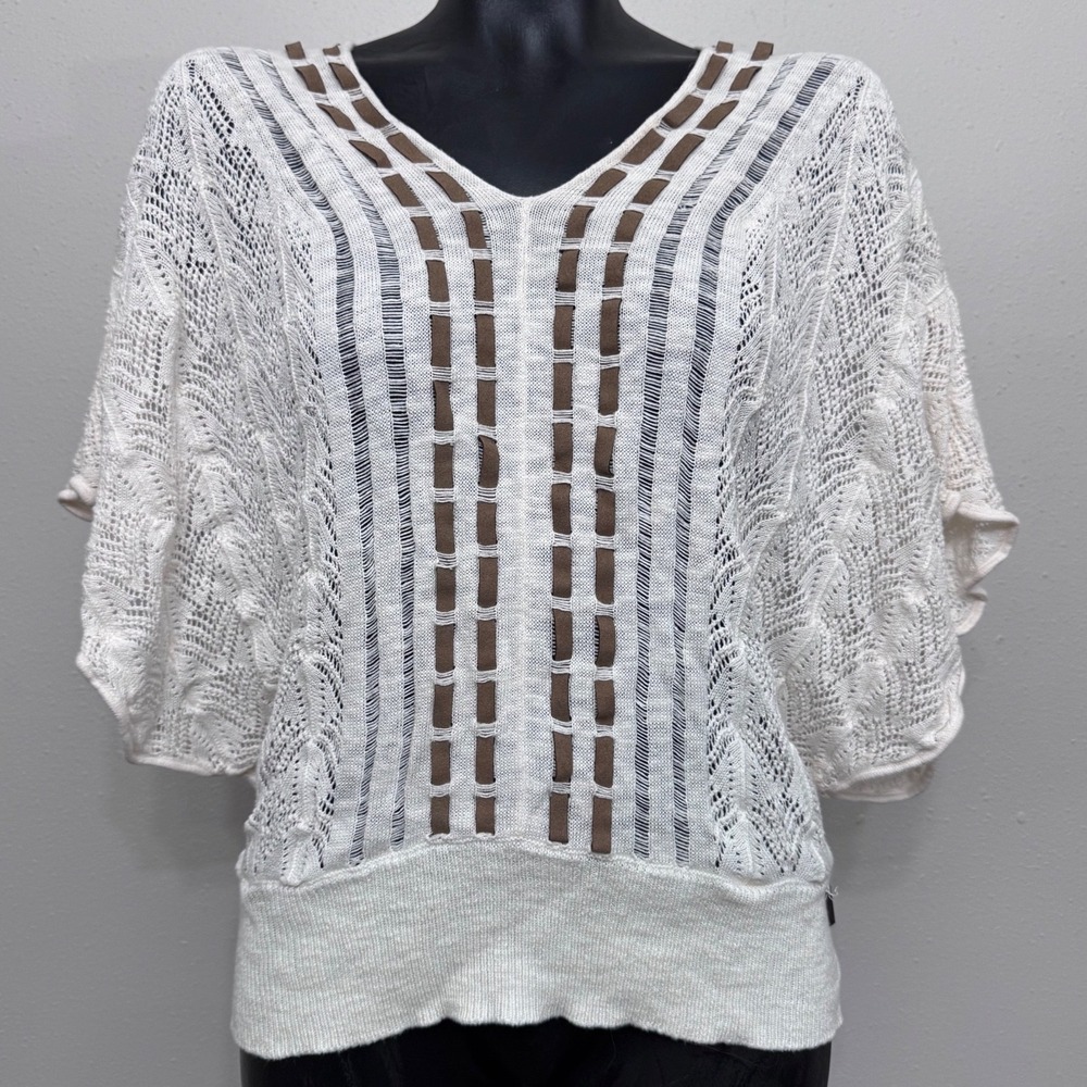Element Womens Pointelle Knit Open Weave Top‎ Sz M Brown Ribbon Boho Coquette